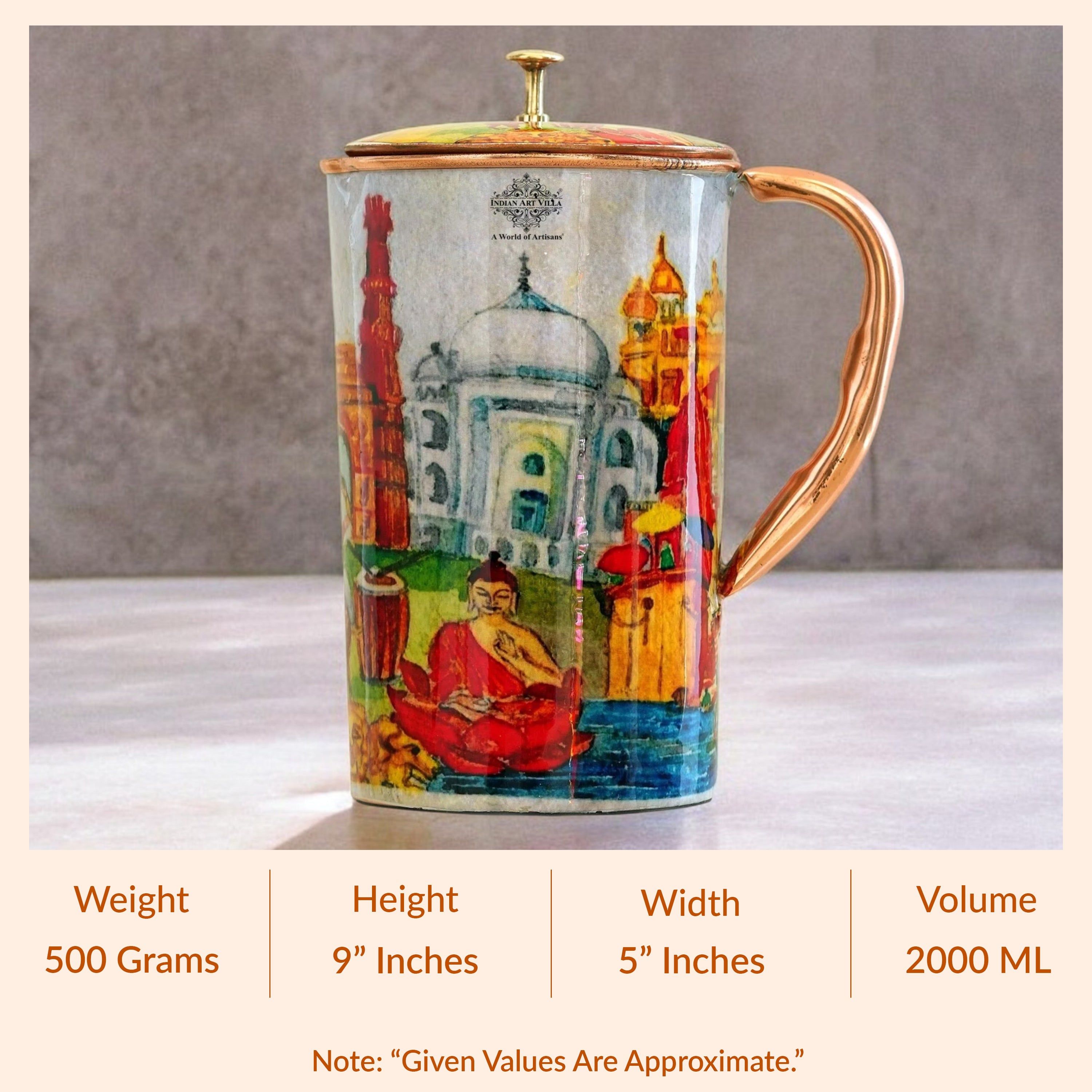 Pure copper printed jug padharo mhare desh design indiatour, 2000 ML